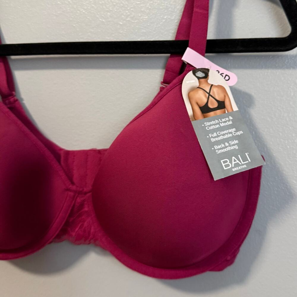 Bali Raspberry Red Breathe Cotton Modal T-Shirt Underwire Bra NEW 36D - Picture 2 of 4